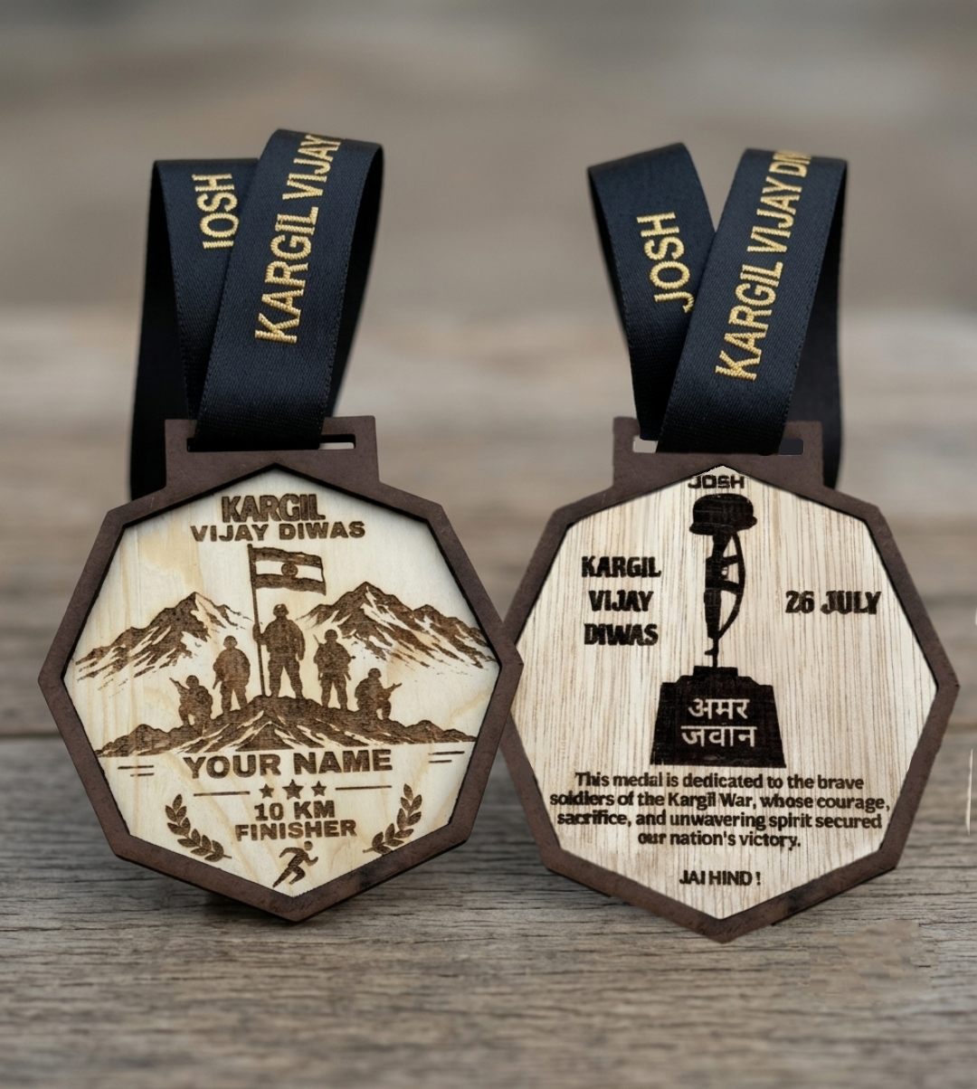 Kargil Vijay Diwas premium wooden finisher medal with your name engraved