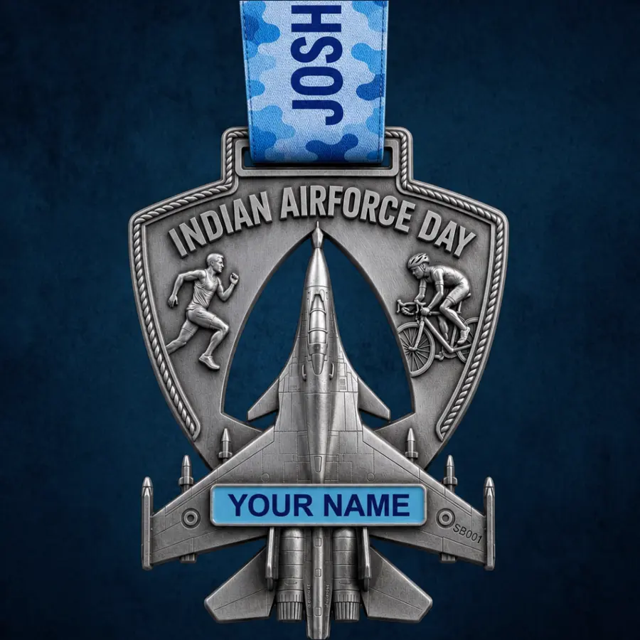 Indian Air Force Day premium medal with Sukhoi jet, runner and cyclist engravings and personalised name plate